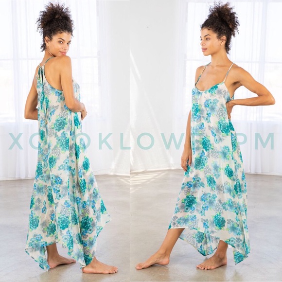 Blue & Green Vibrant Floral Print Maxi Dress Spaghetti Straps Uneven Hem - Picture 4 of 14